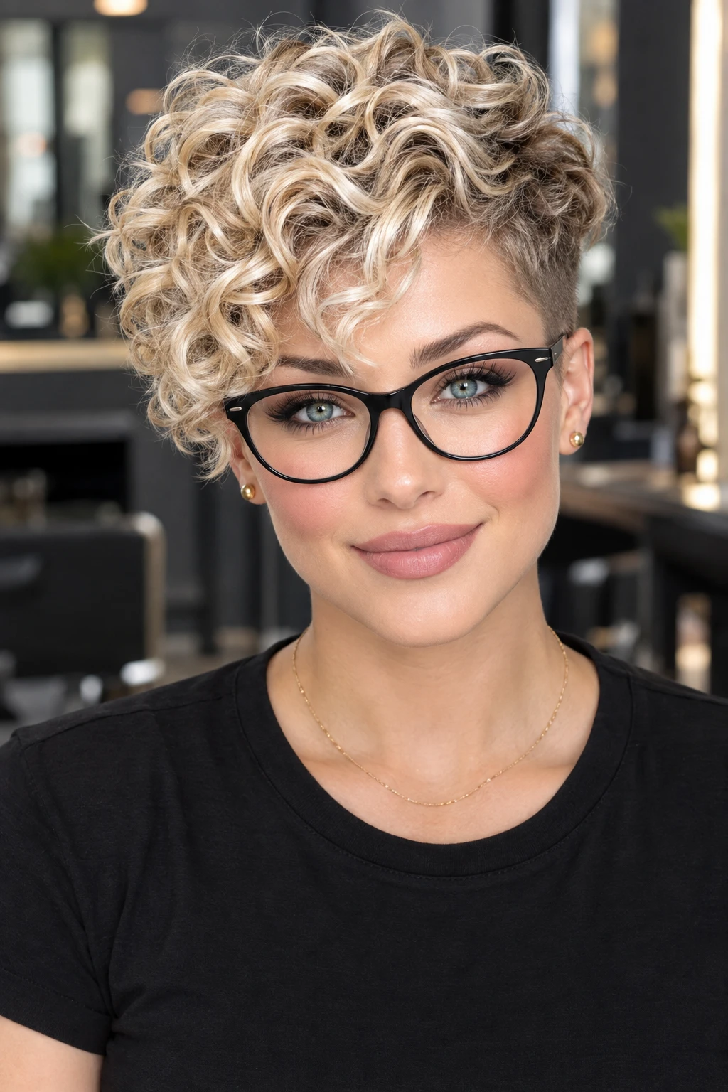 Curly Blonde Pixie with Undercut and Glasses