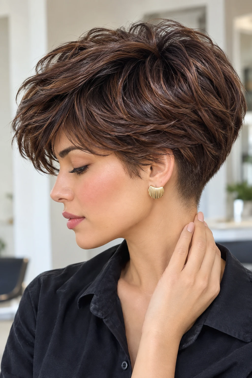Voluminous Chestnut Pixie with Tapered Nape