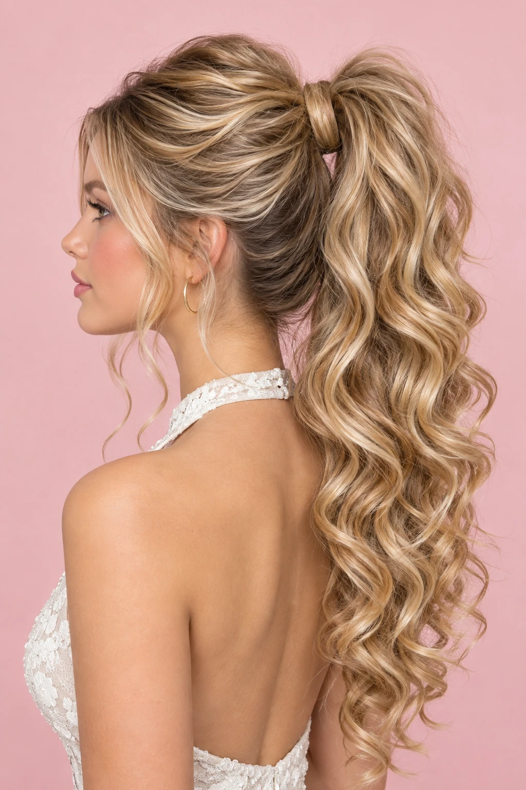 High Voluminous Ponytail with Cascading Curls