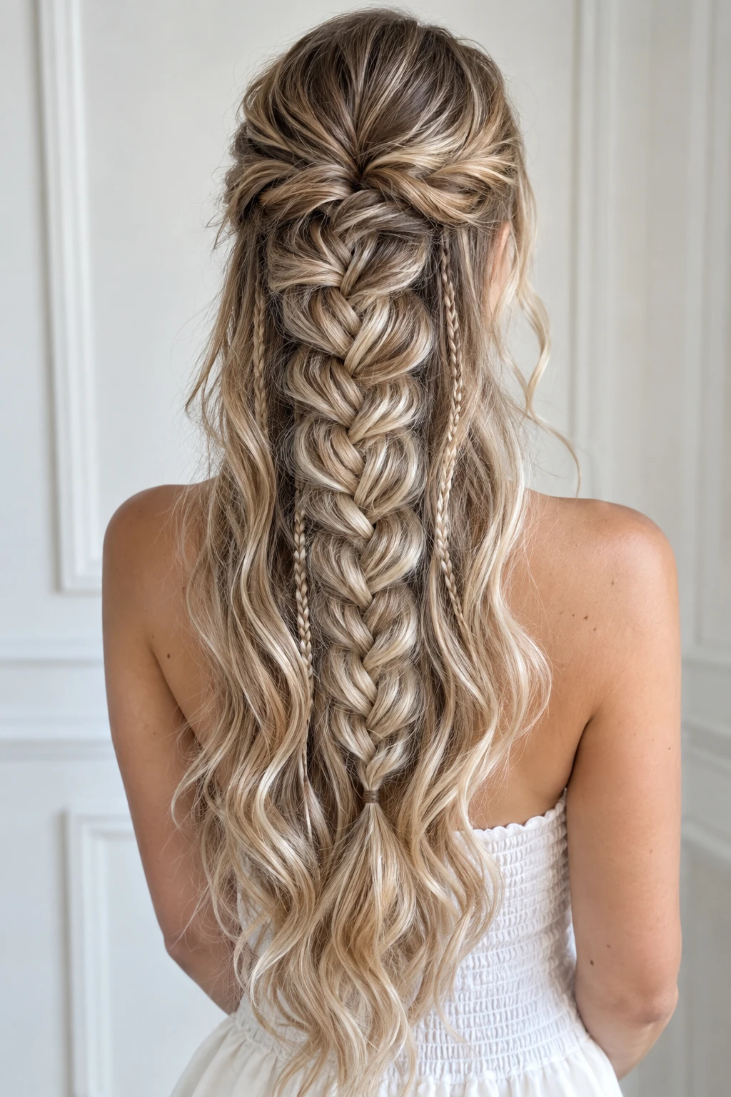 Half-Up Braided Waterfall with Boho Waves
