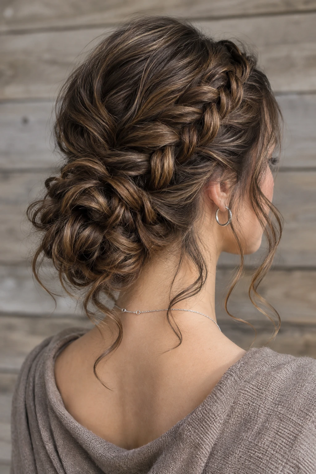 Braided Low Bun Updo with Loose Tendrils