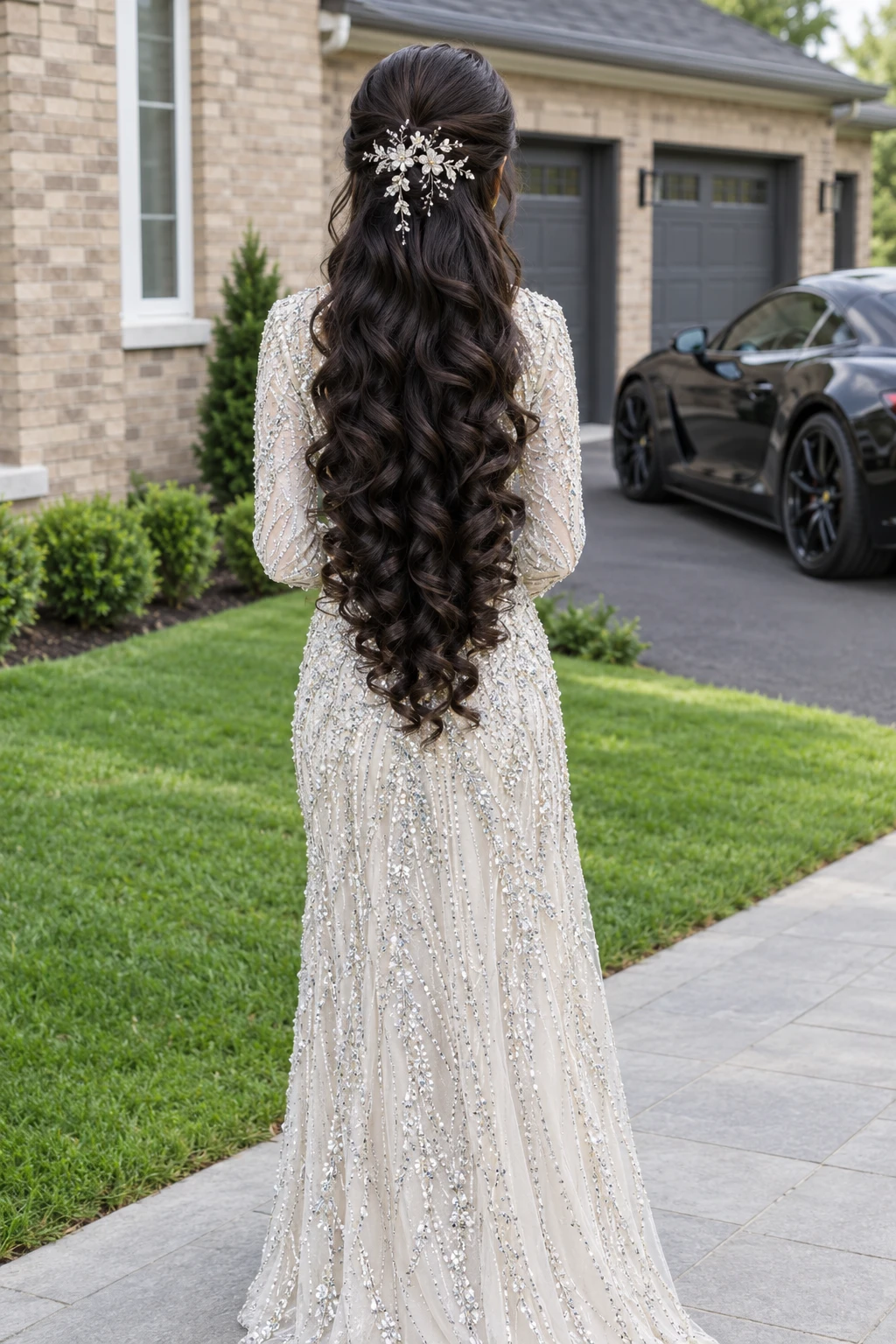 Half-Up Half-Down Style with Long Curls and Hair Comb