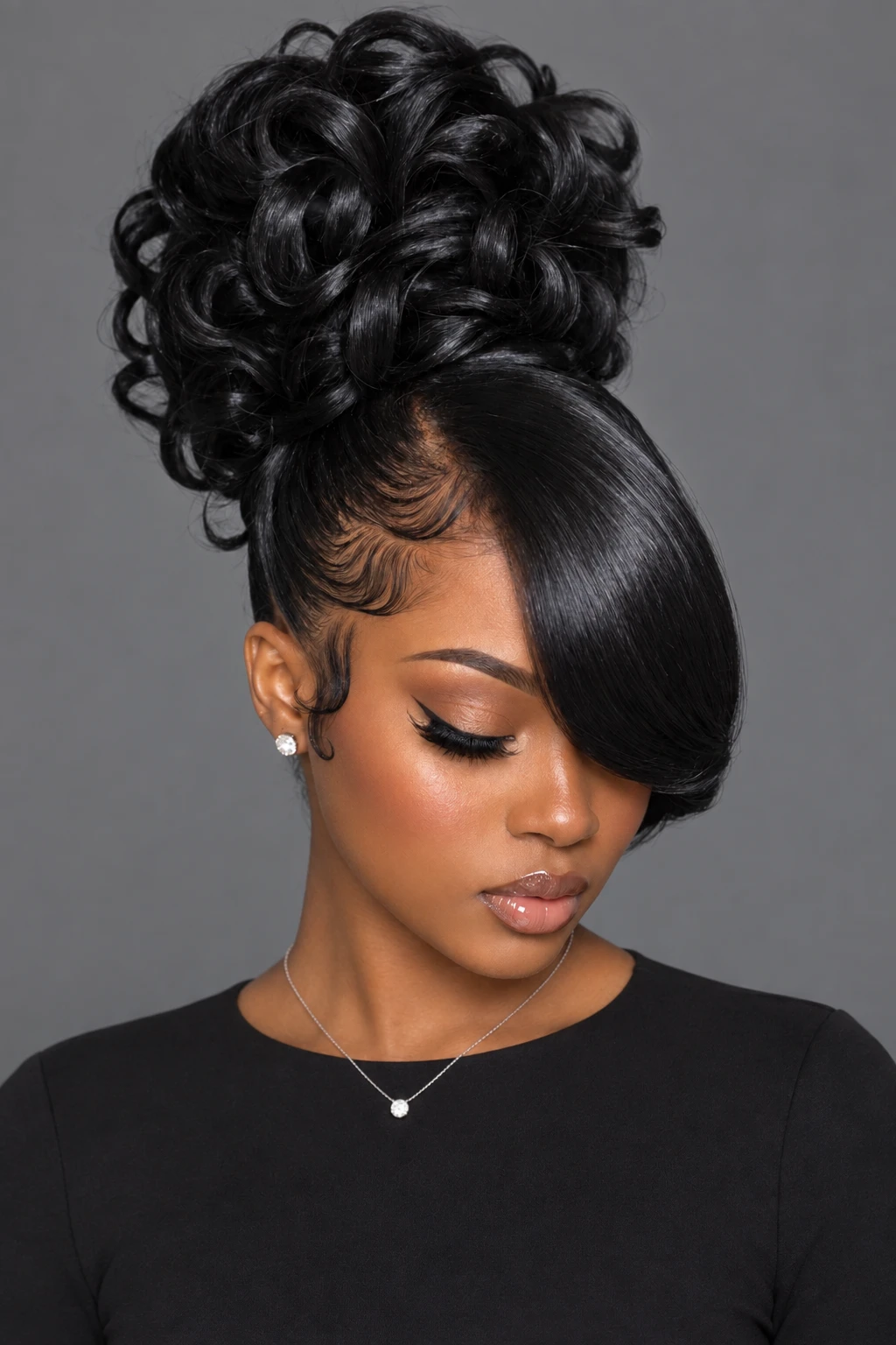 Sleek Side-Swept Bang Updo with Curly Bun