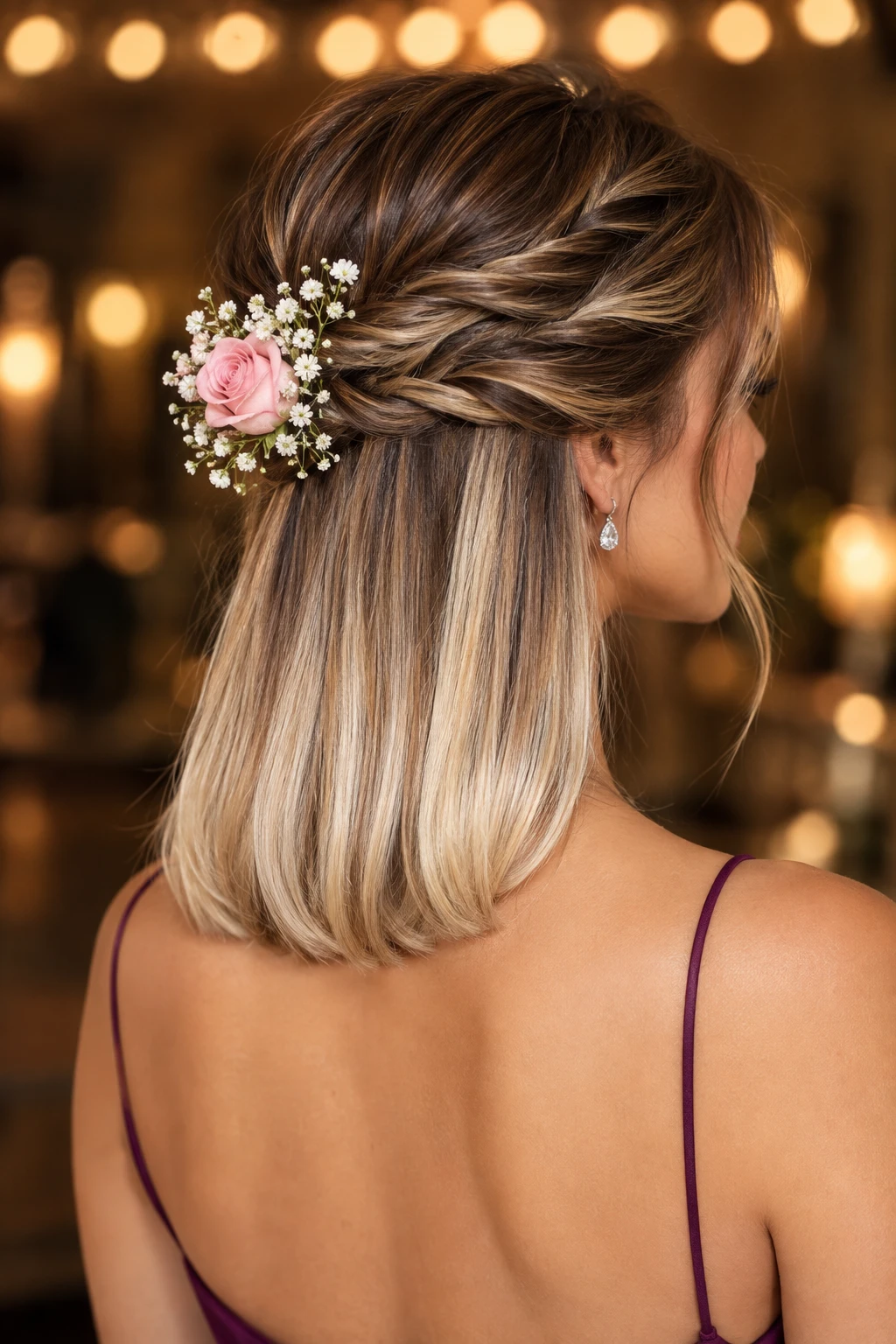 Half-Up Fishtail Braid with Sleek Straight Ends and Fresh Florals