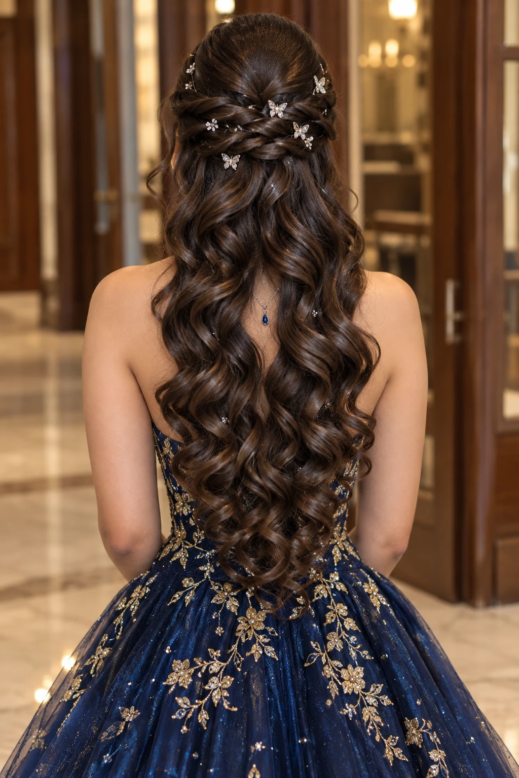 Half-Up Twisted Style with Butterfly Hairpins and Long Curls