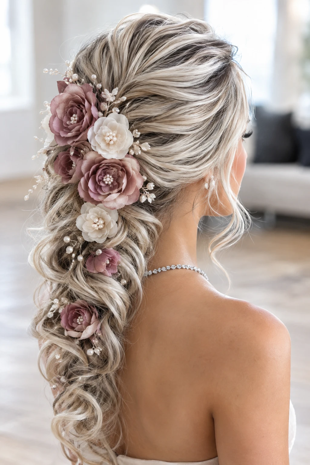 Curly Side Braid with Rose Flower Accents