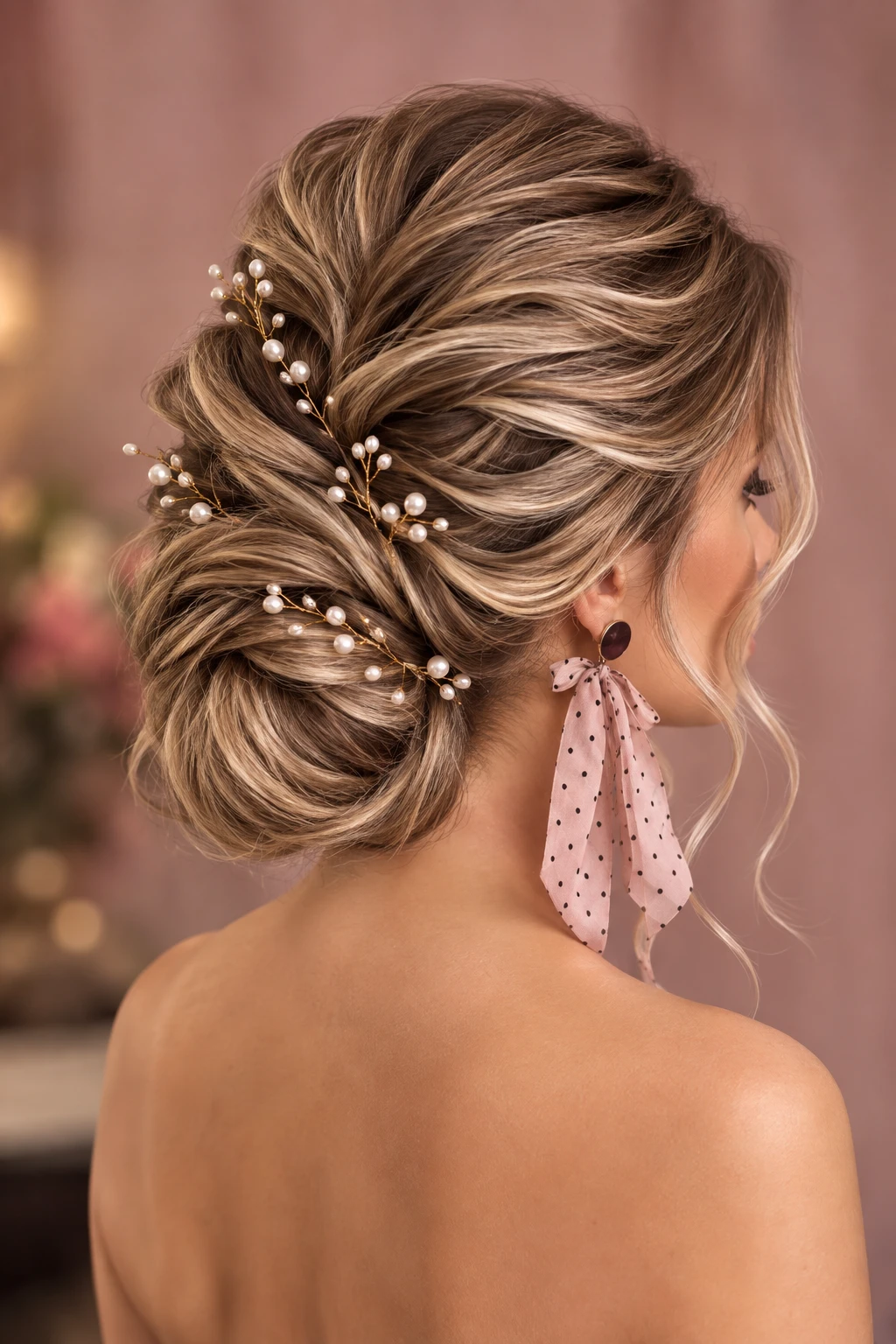 Textured Low Bun with Pearl Hair Vine