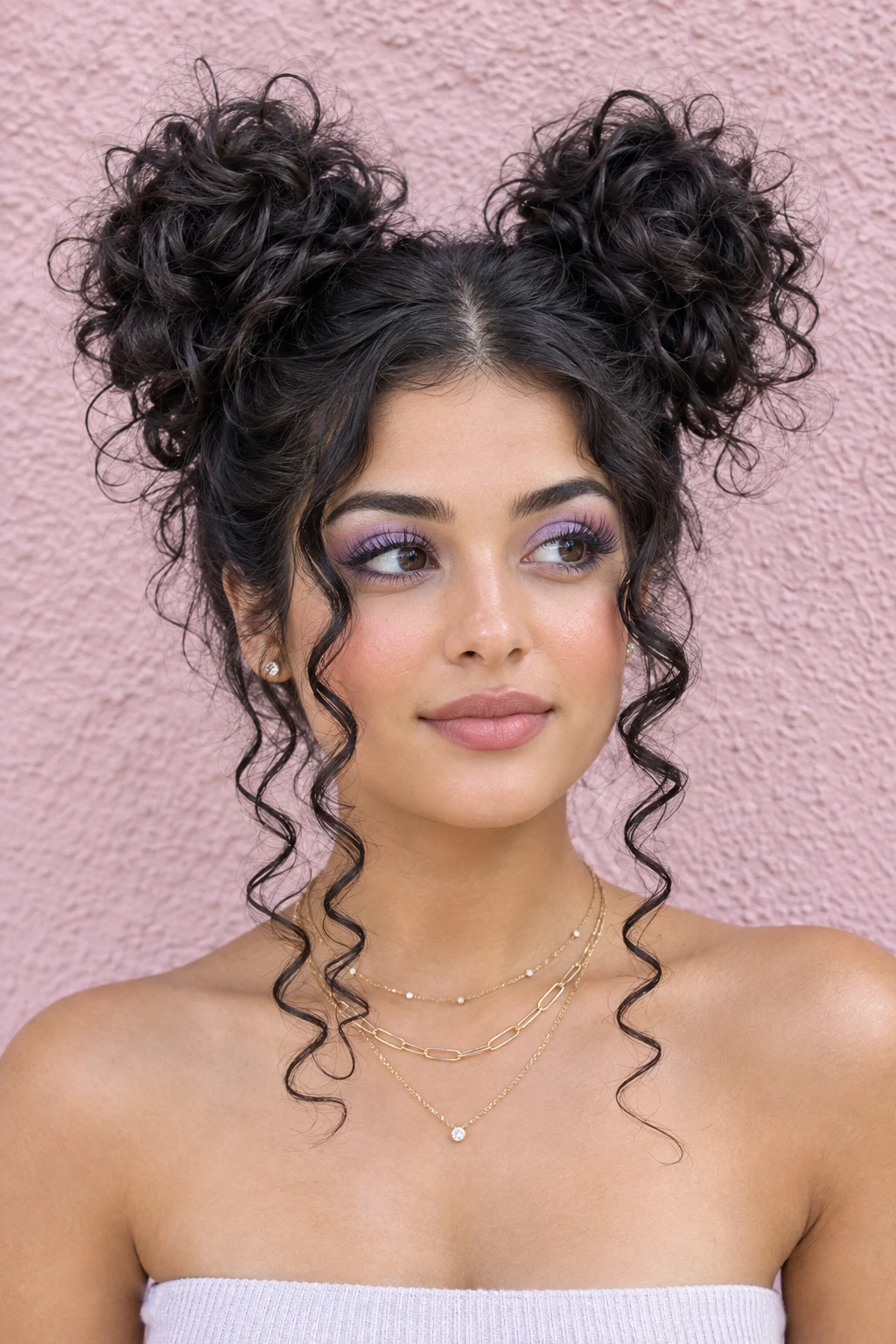 Curly Space Buns with Face Framing Tendrils