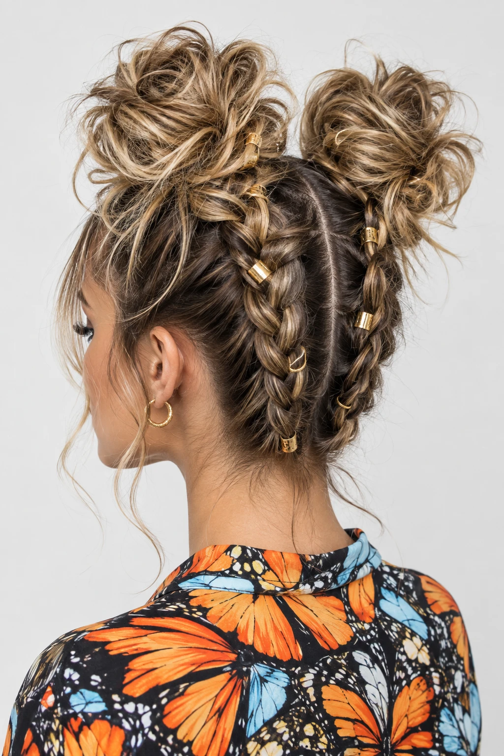 Boho Braided Space Buns with Gold Cuffs