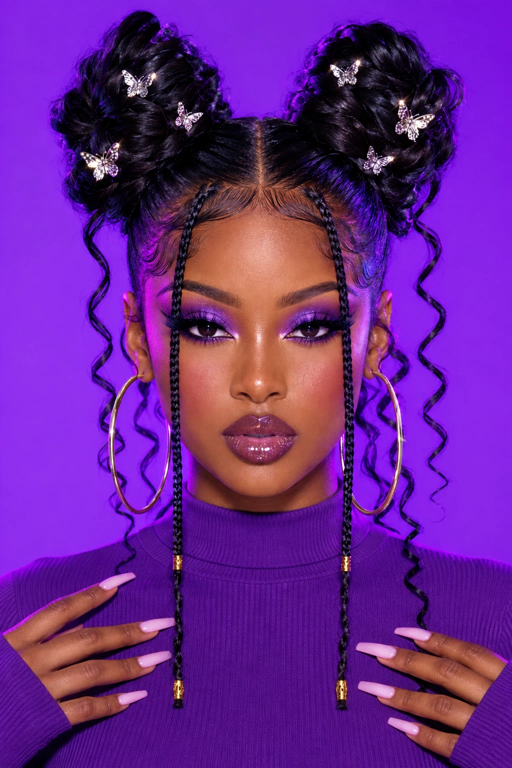 Butterfly Clip Space Buns with Metallic Hoop Braids