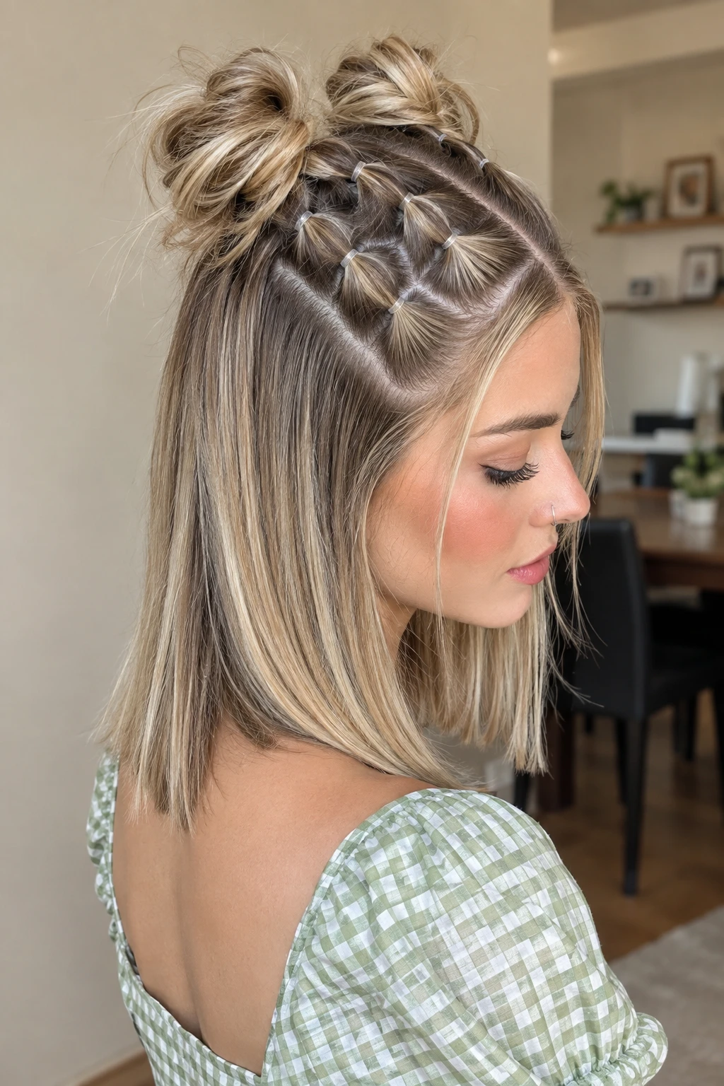 Half Up Space Buns with Bubble Elastic Sections