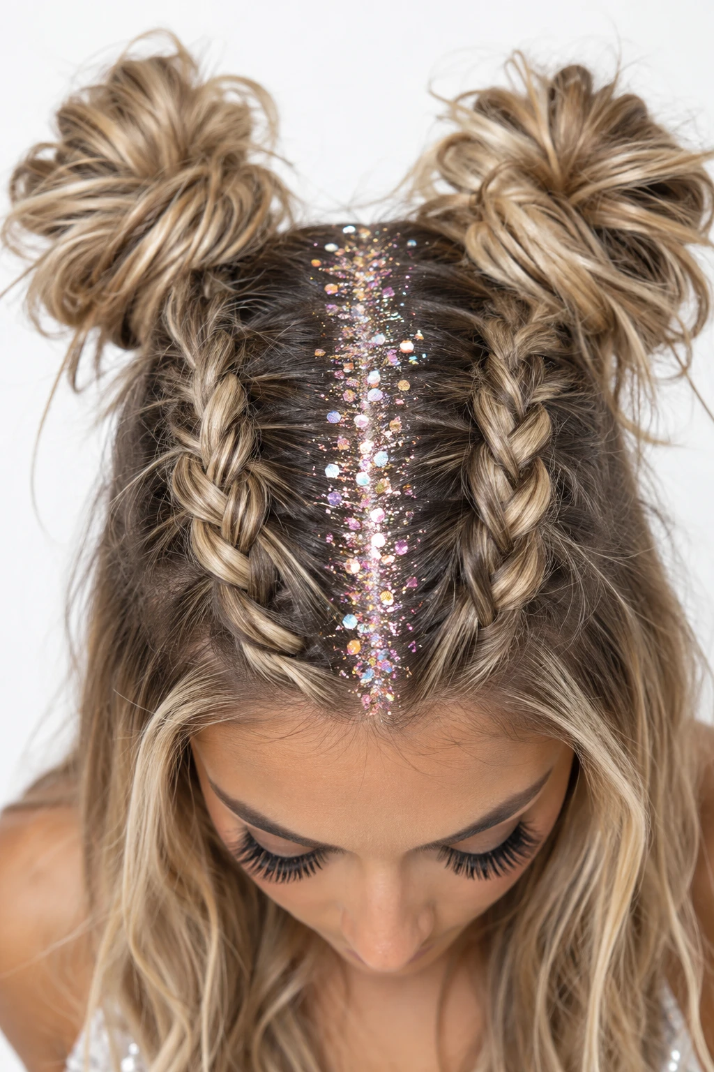 Glitter Root Space Buns with Braided Sections