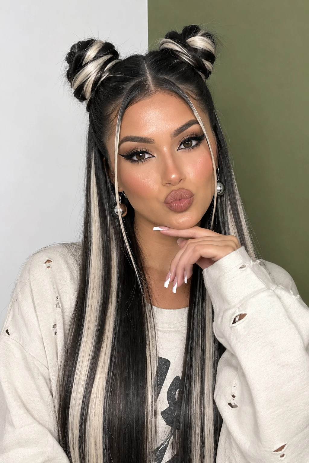 High Contrast Space Buns with Skunk Stripe Highlights