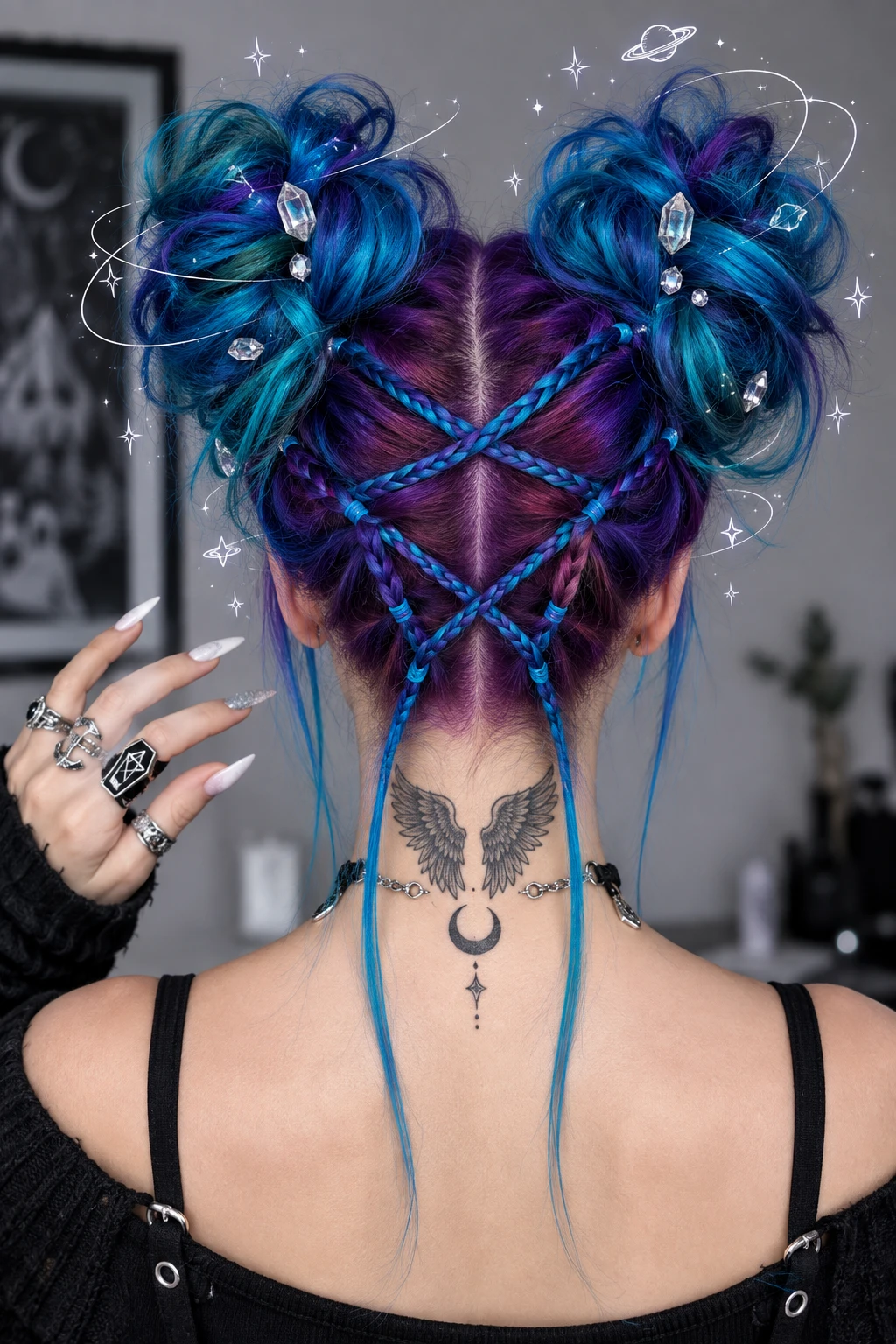 Cosmic Crystal Space Buns with Corset Braid Detail