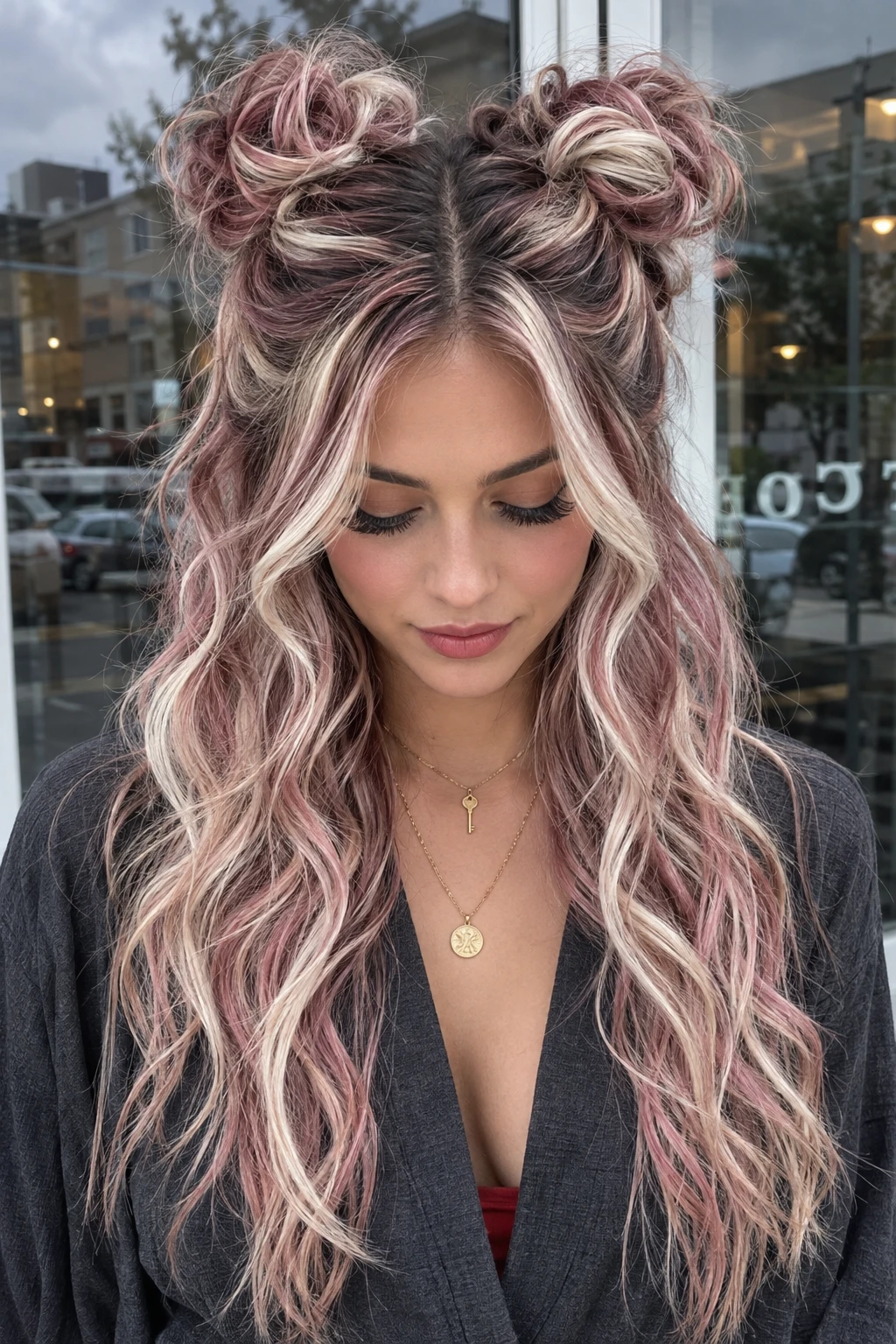Rose Gold Balayage Space Buns with City Backdrop