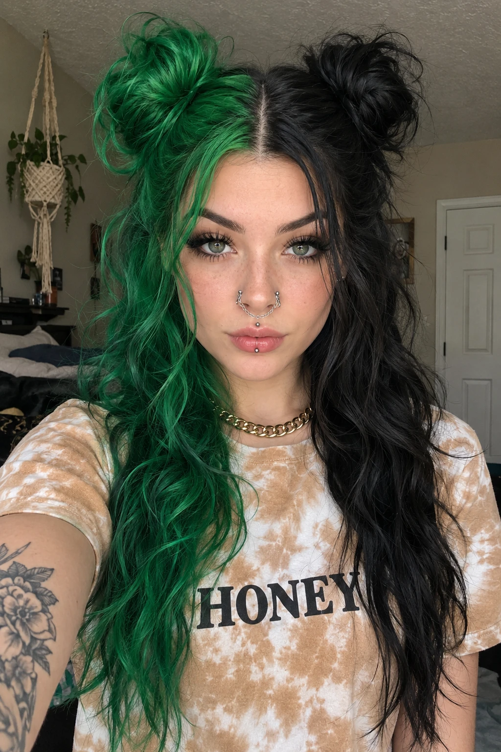 Split Dye Space Buns in Green and Black