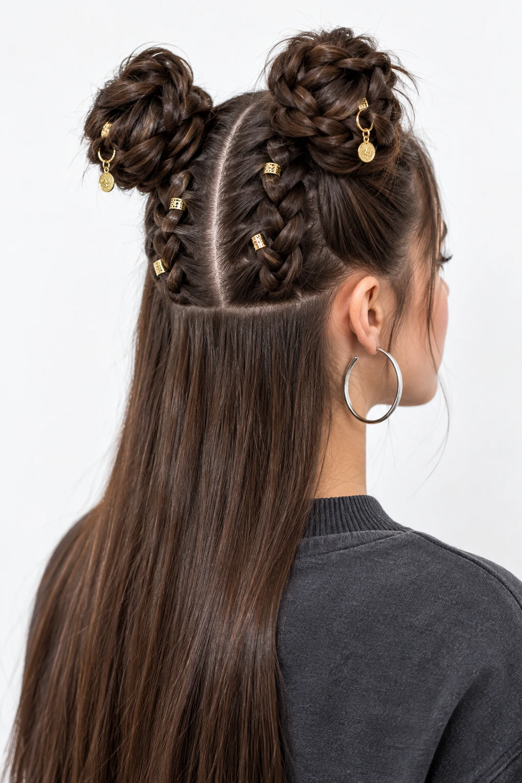 Half Up Braided Space Buns with Gold Charm Rings