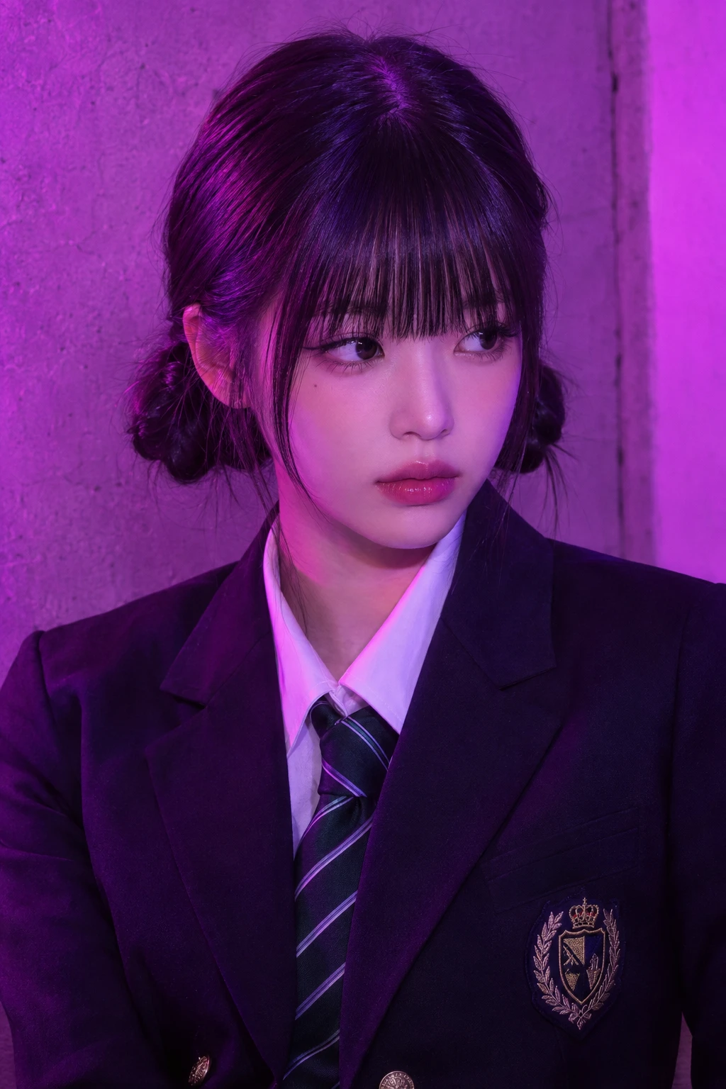 Low Space Buns with Blunt Bangs