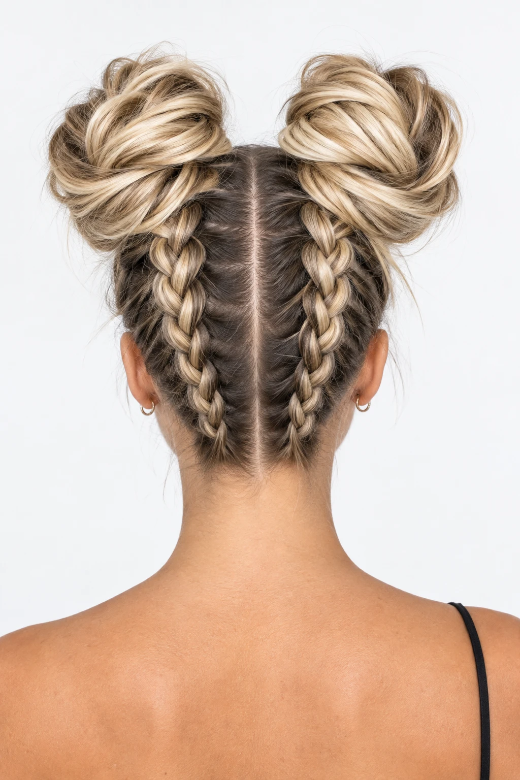 Classic Dutch Braided Space Buns with Blonde Highlights