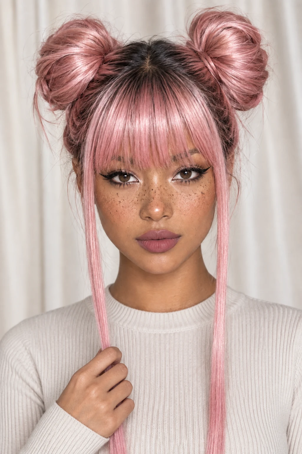 Metallic Pink Space Buns with Curtain Bangs