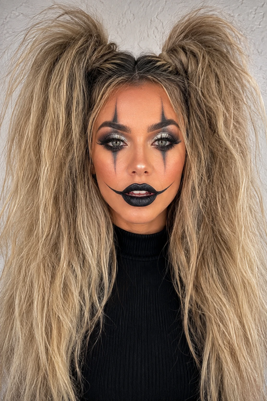 High Space Buns with Harlequin Clown Makeup