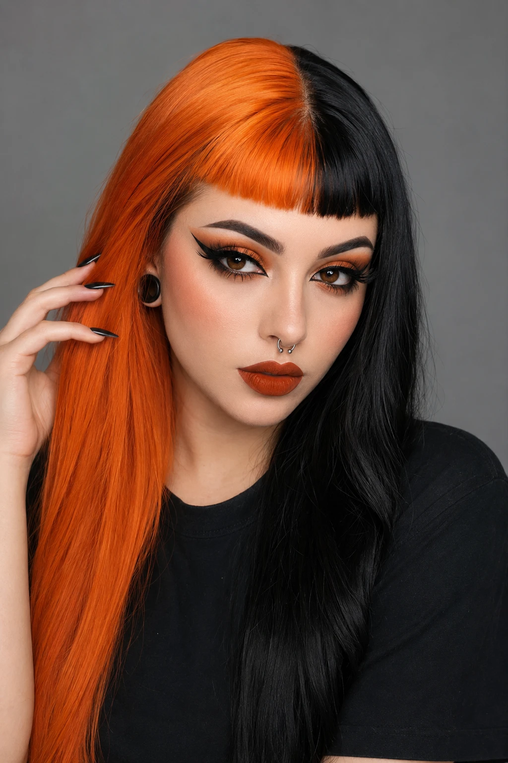 Split Dye Straight Hair with Blunt Bangs
