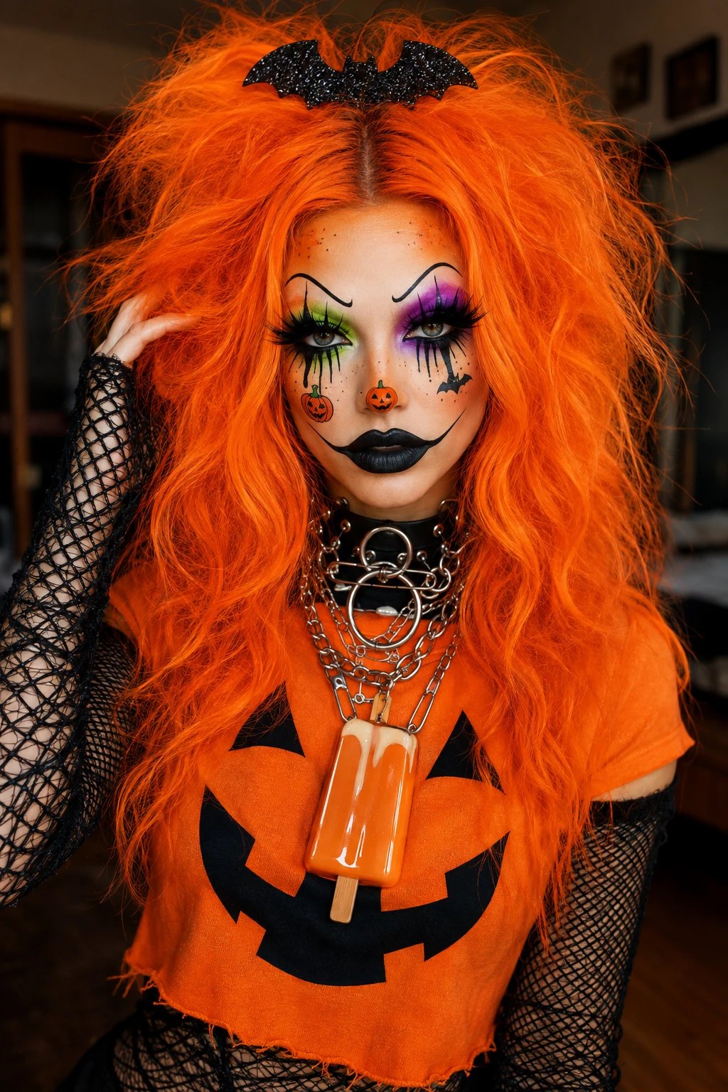 Voluminous Pumpkin Orange Waves with Bat Clip