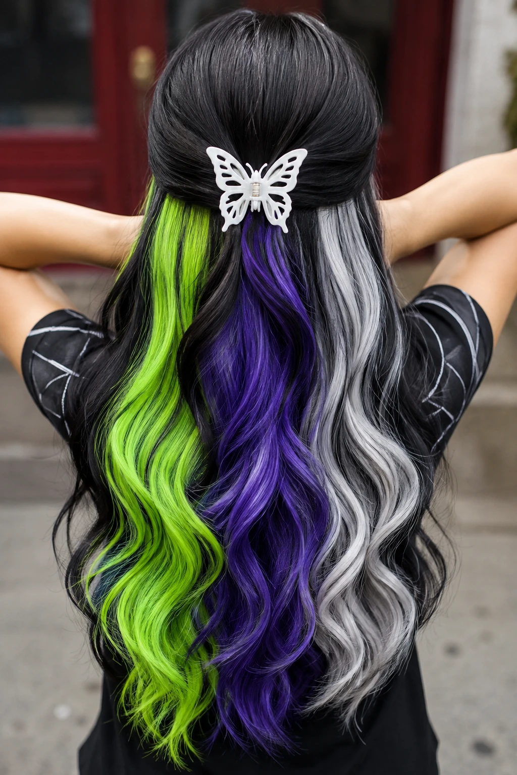 Black Half-Up Style with Green, Purple, and Grey Ribbons