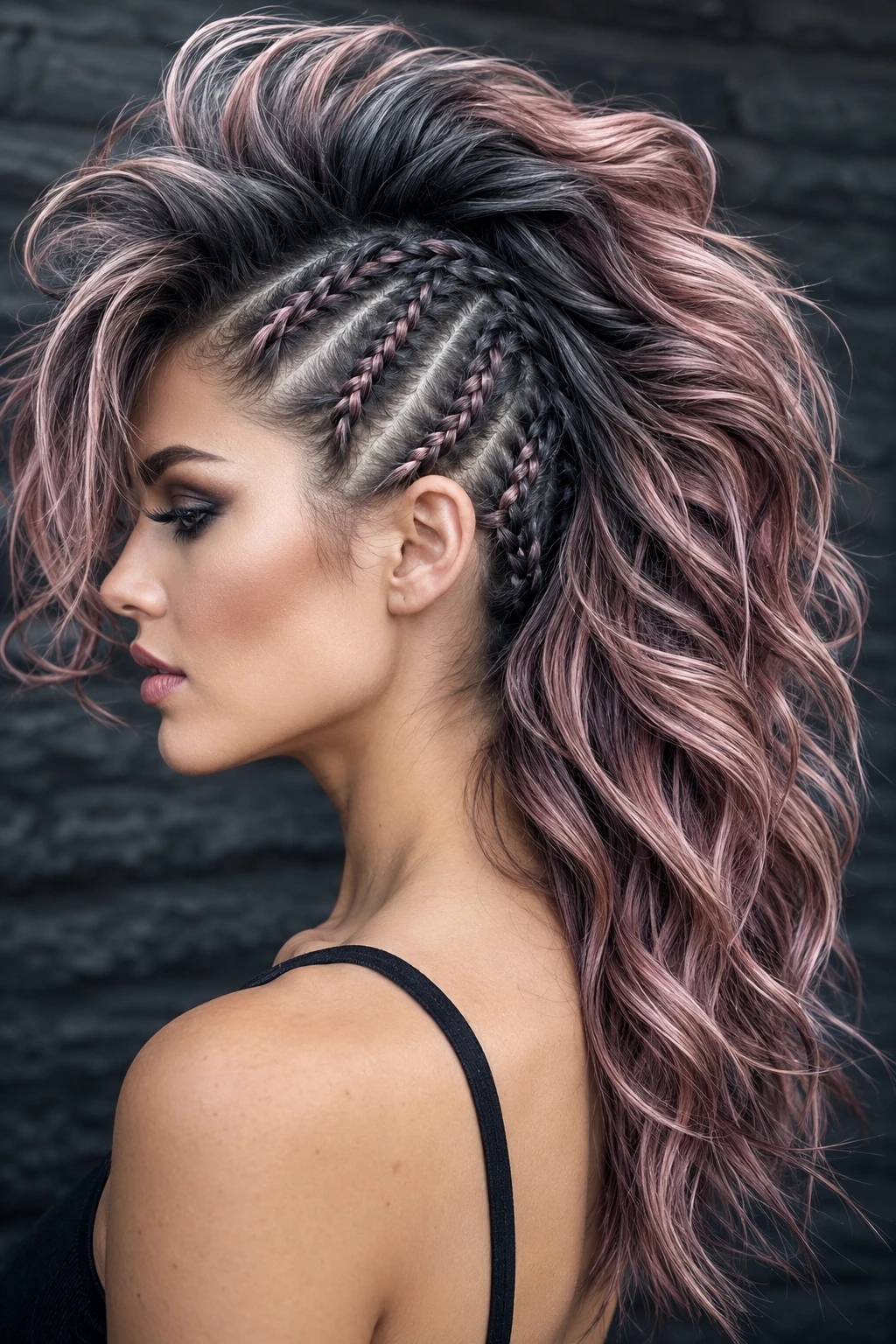Braided Mohawk with Rose Gold Waves