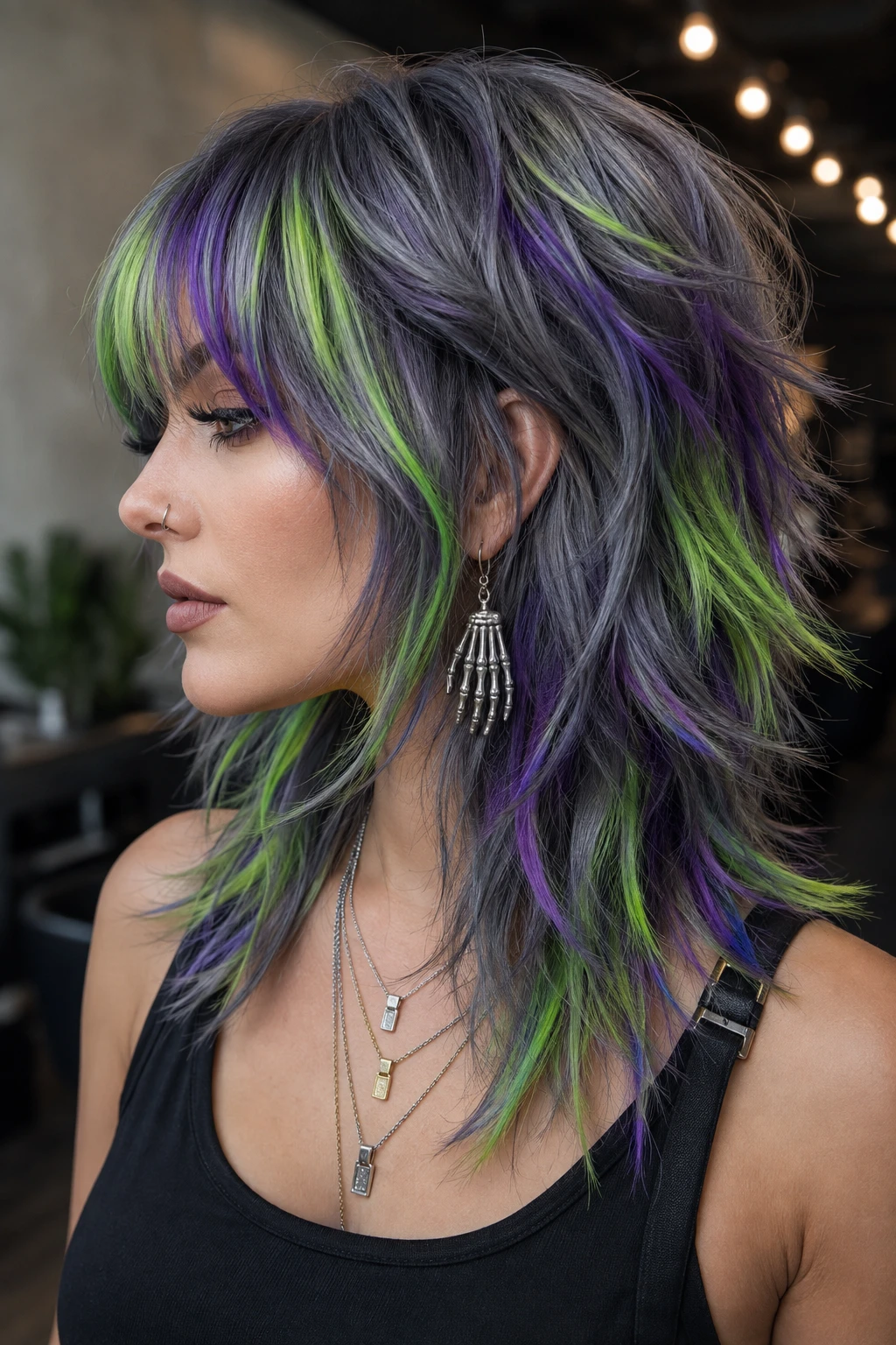 Grey Shag with Green and Purple Peekaboo Streaks