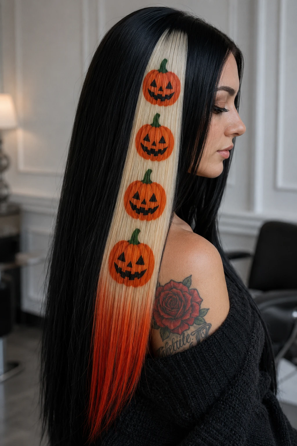 Jack-O-Lantern Print Straight Hair with Blonde Panel