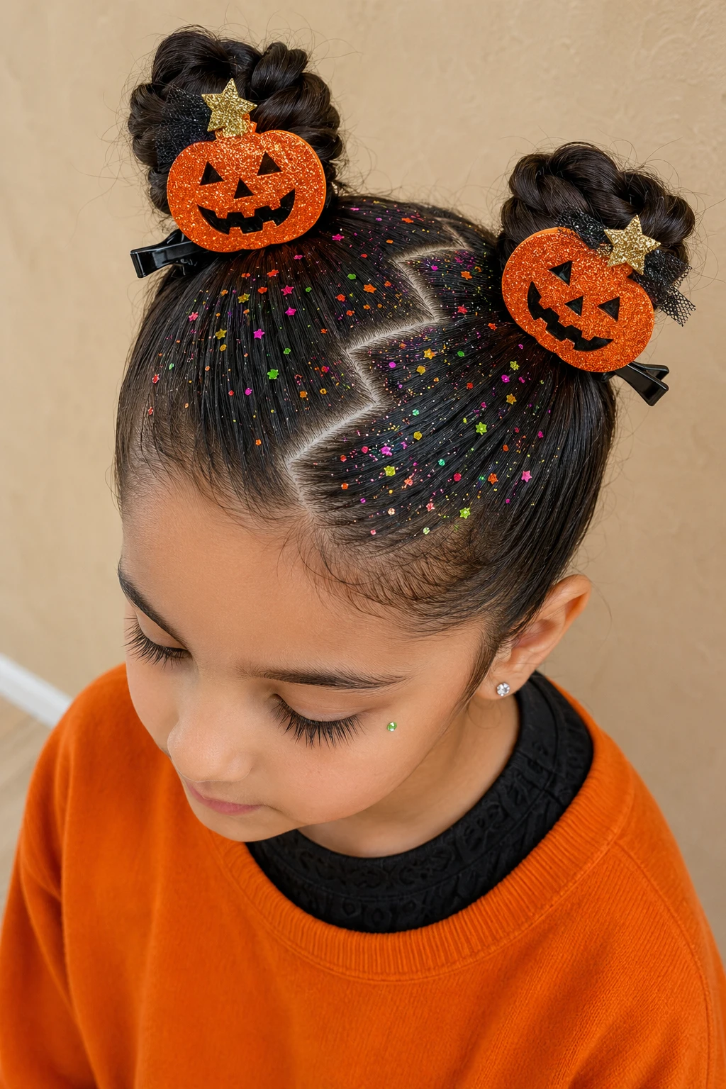 Glitter Zigzag Space Buns Halloween Hairstyle for Kids