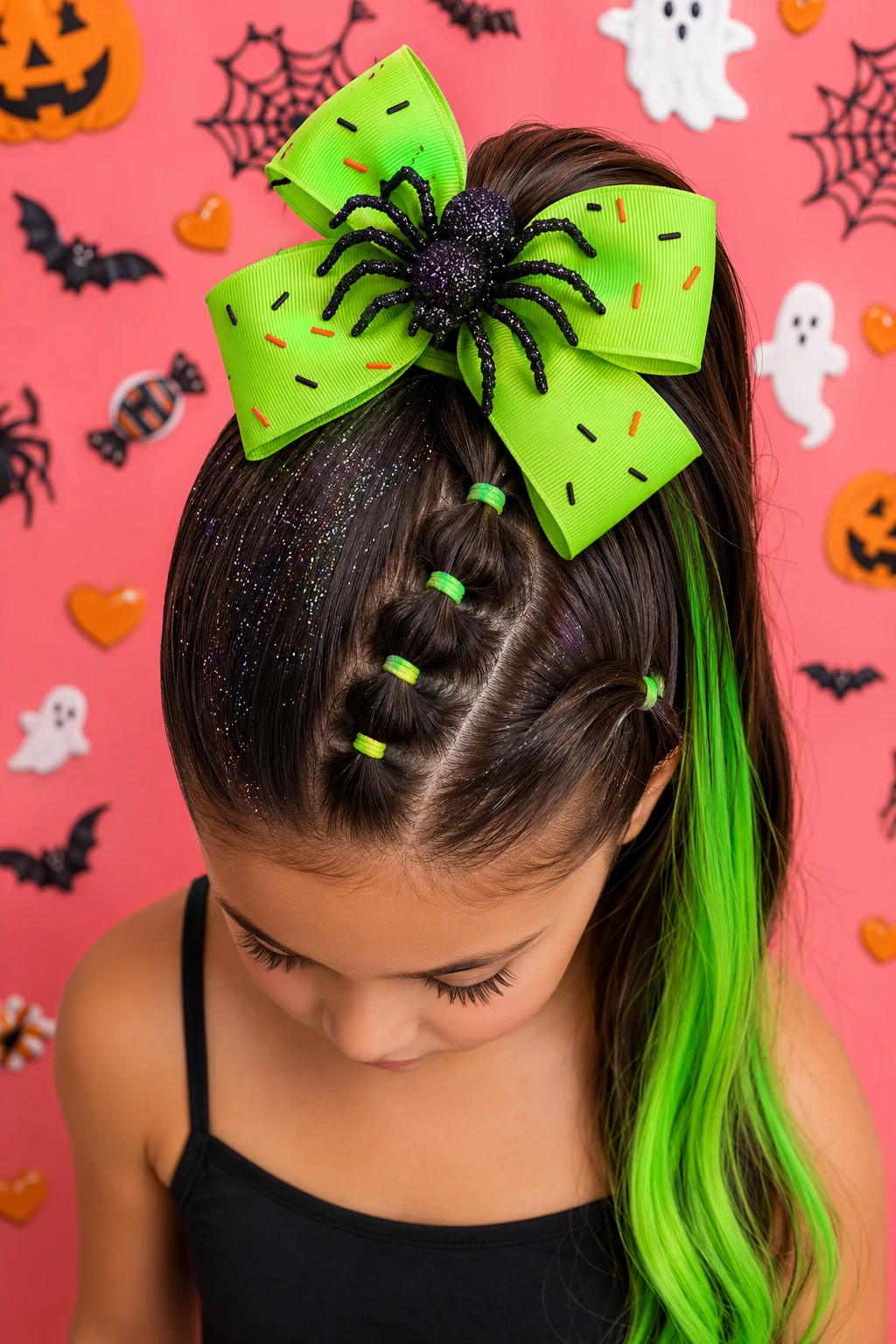 Neon Green Spider Bow Ponytail Halloween Hairstyle for Kids