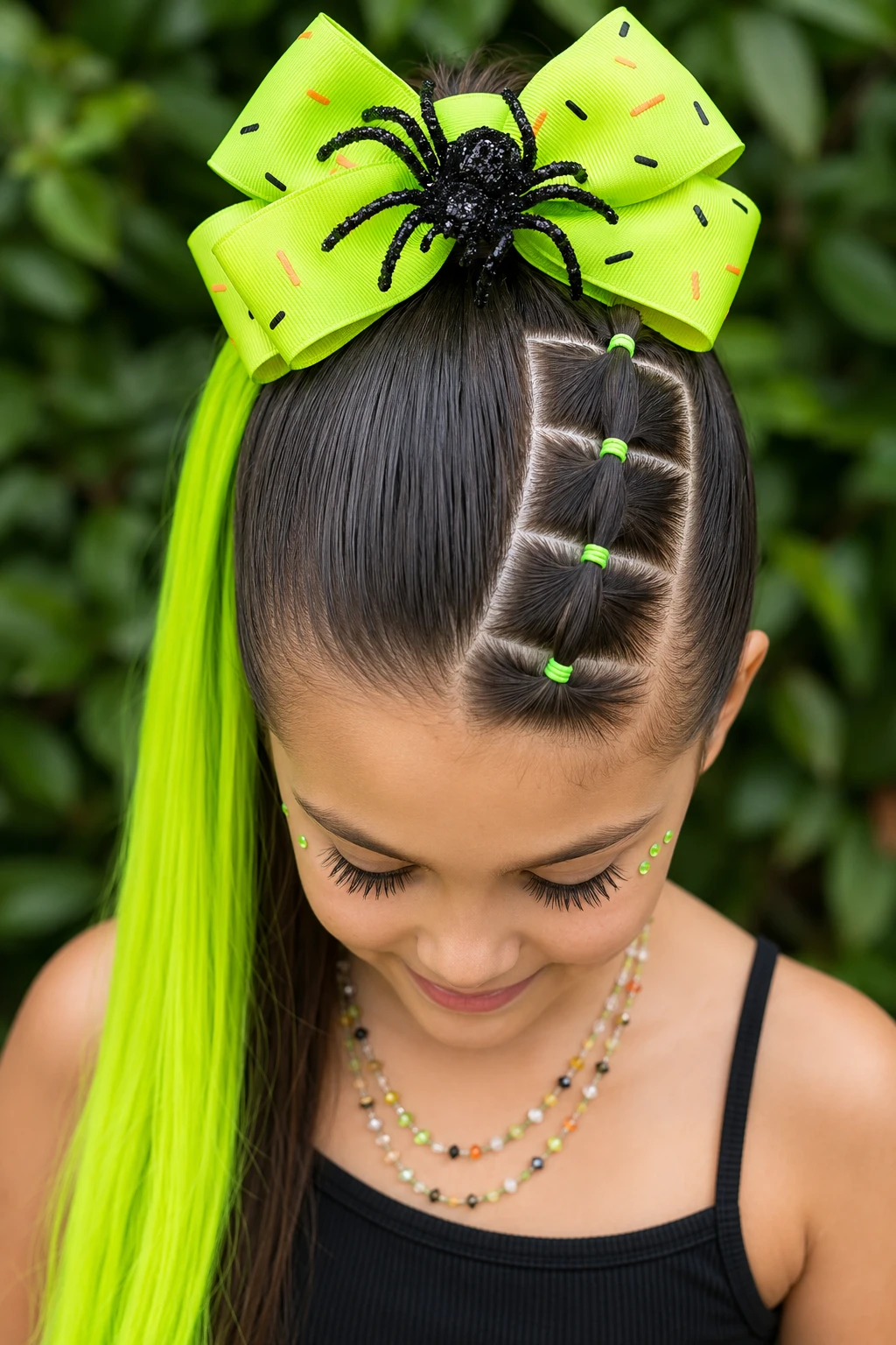 Neon Green Bubble Braid Ponytail Halloween Hairstyle for Kids