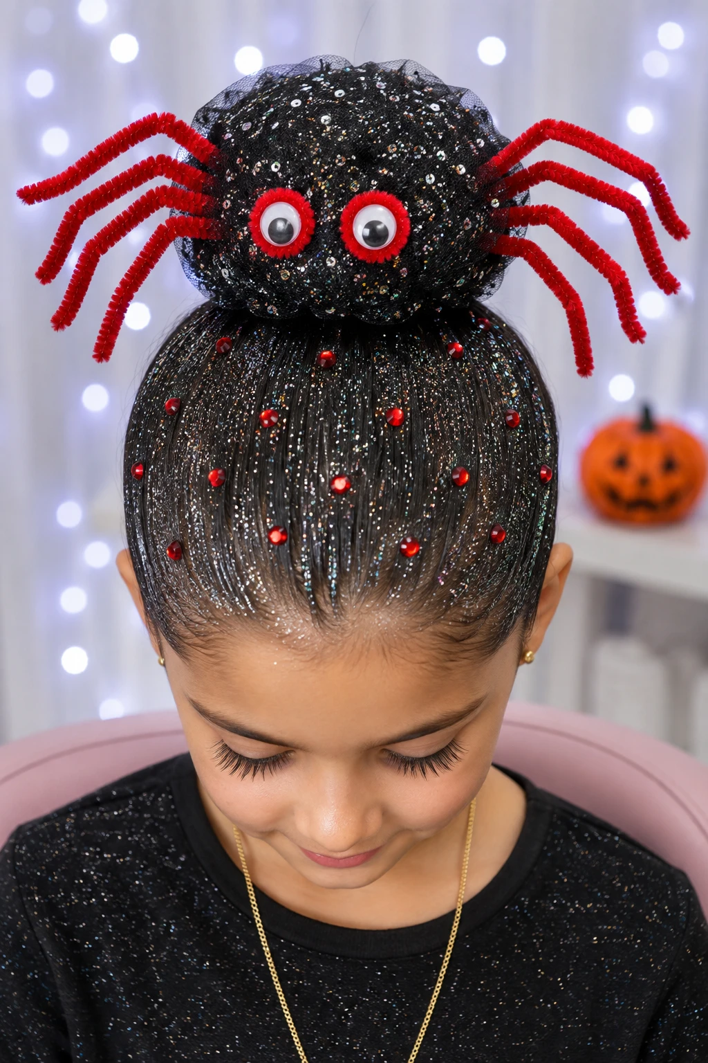 Sparkly Red Spider Bun Halloween Hairstyle for Kids