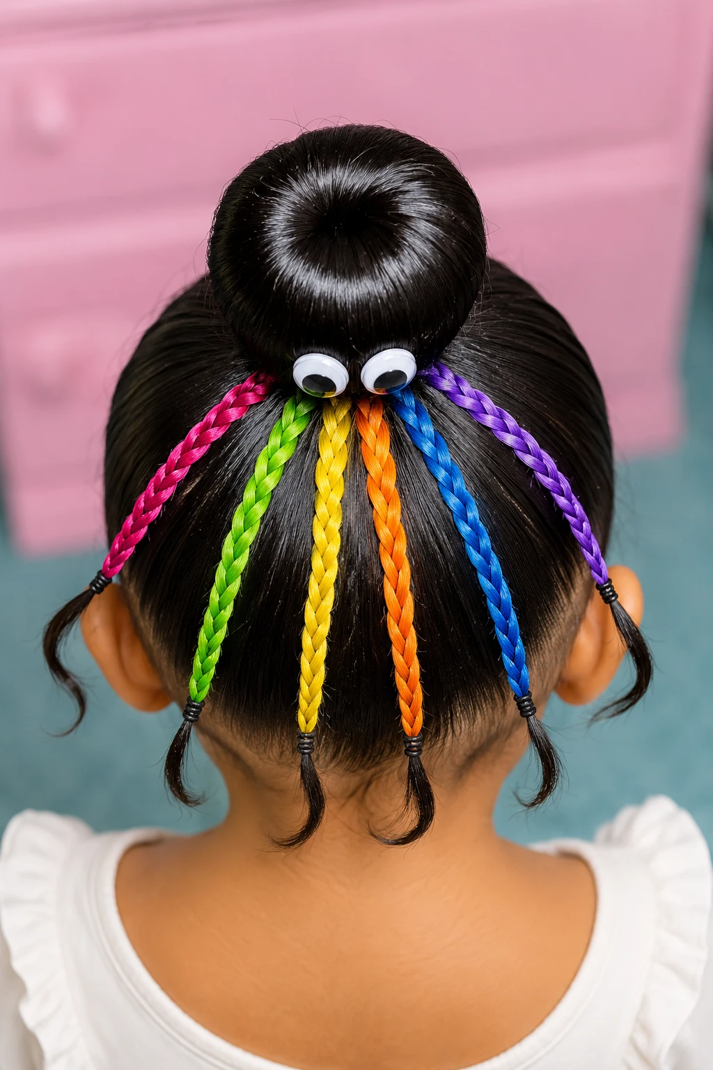 Rainbow Braid Spider Bun Halloween Hairstyle for Kids