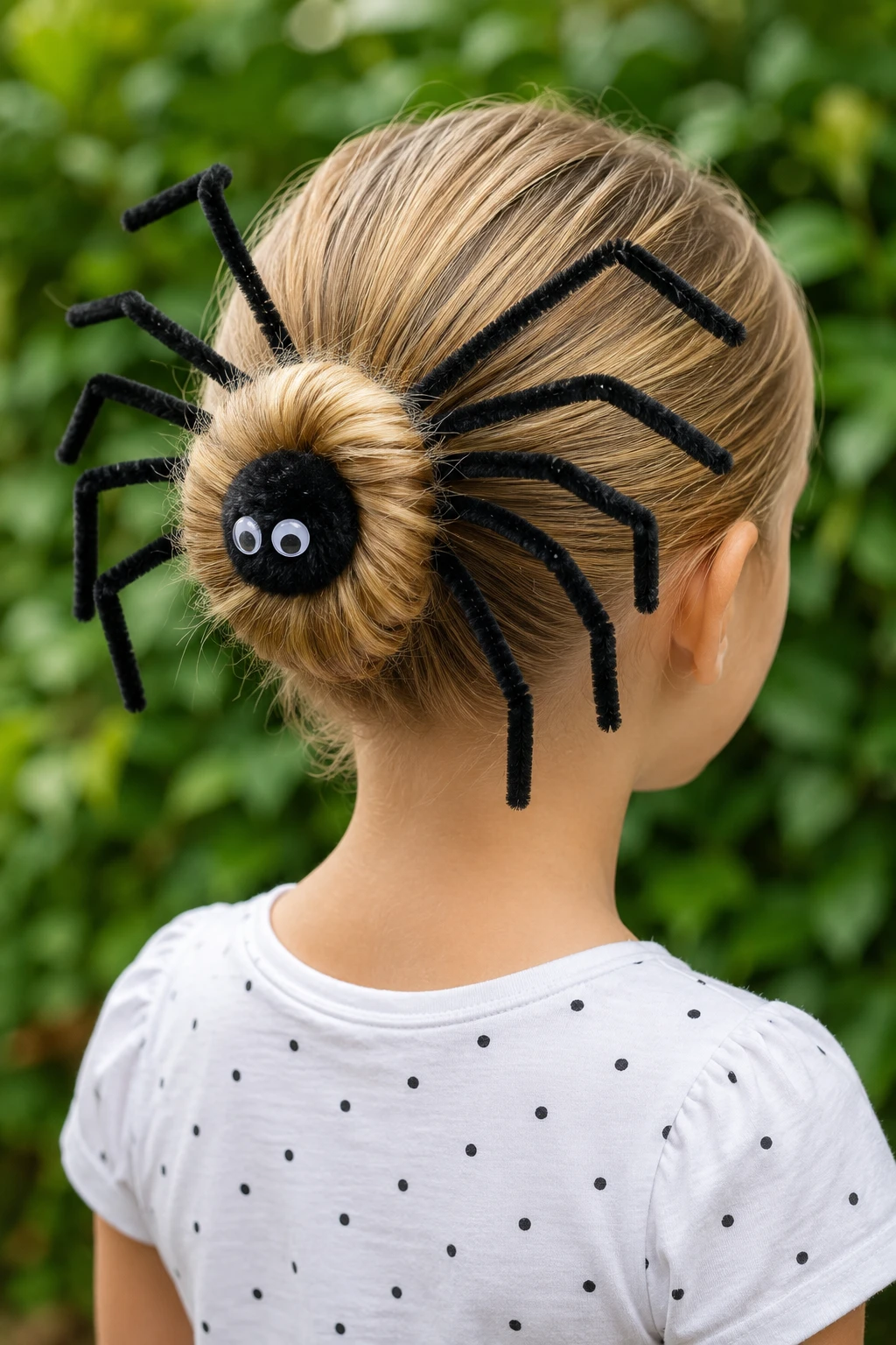 Low Bun Spider Halloween Hairstyle for Kids