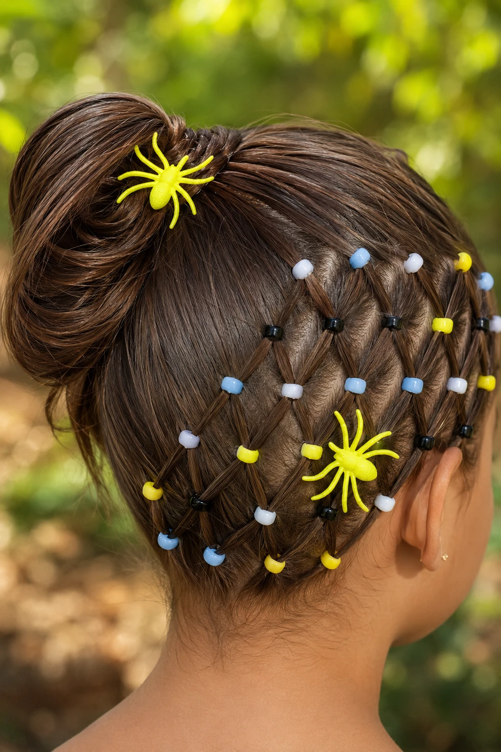 Beaded Spiderweb Net Bun Halloween Hairstyle for Kids