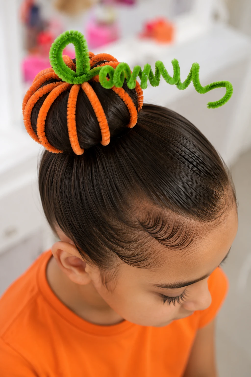Curly Vine Pumpkin Bun Halloween Hairstyle for Kids