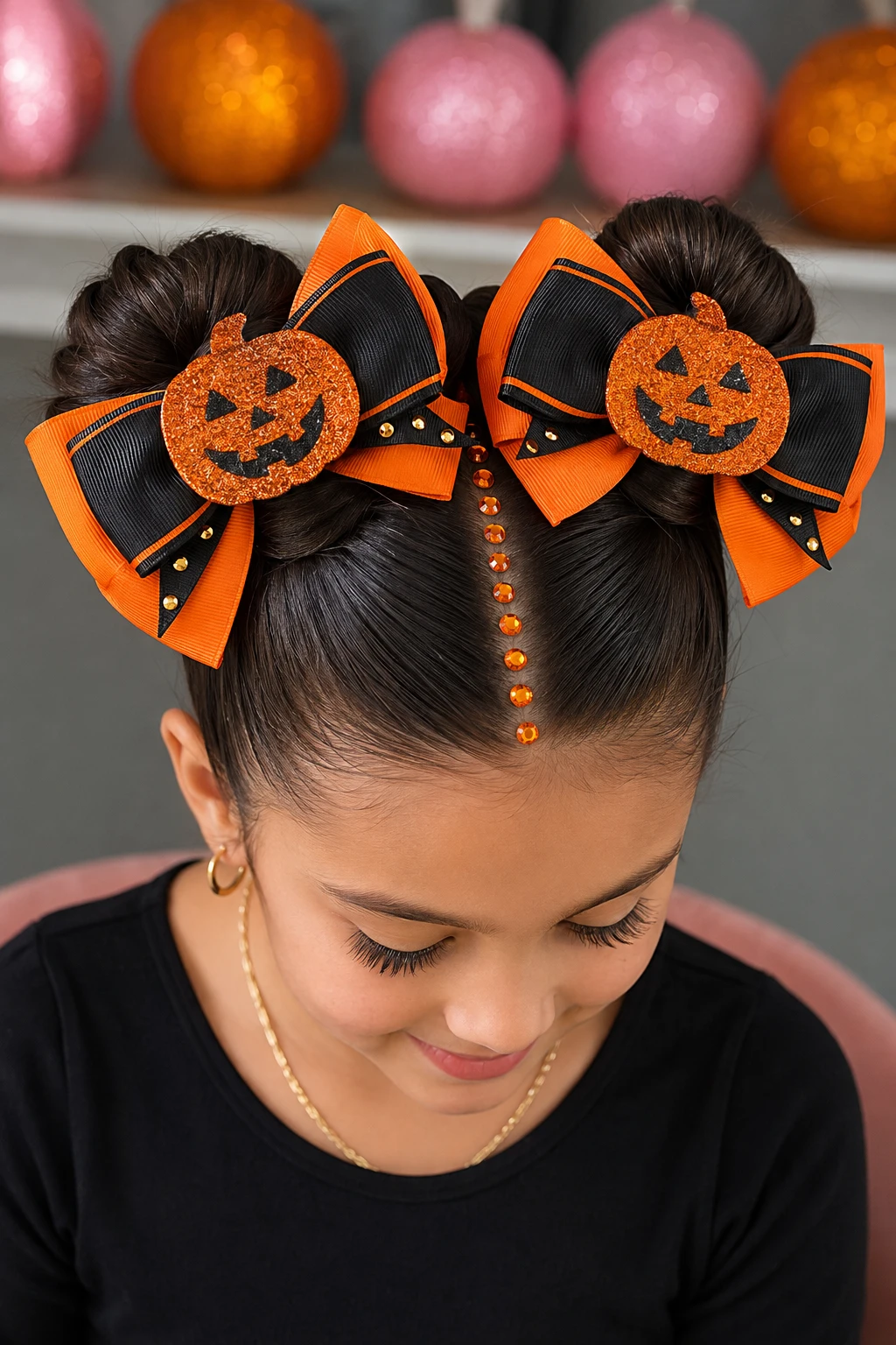 Jack O Lantern Bow Space Buns Halloween Hairstyle for Kids