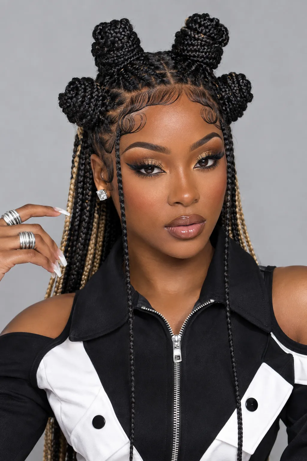 Four Bun Box Braids with Golden Ombre Ends