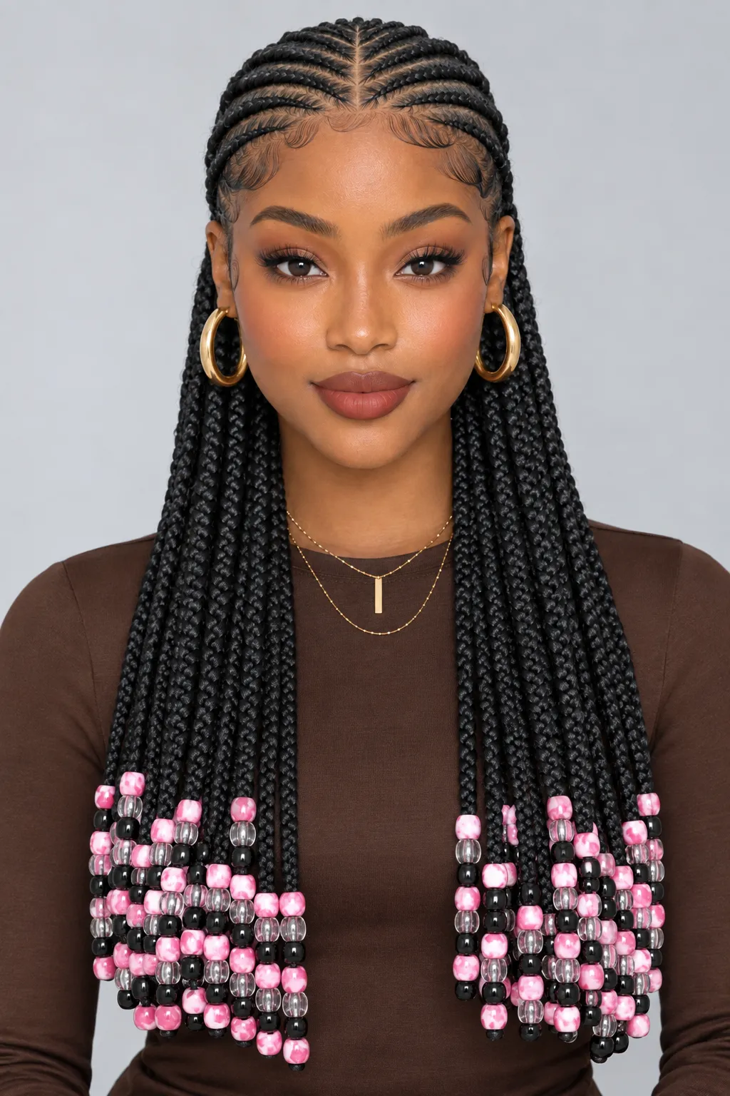 Cornrow Feed-In Box Braids with Pink Beaded Ends