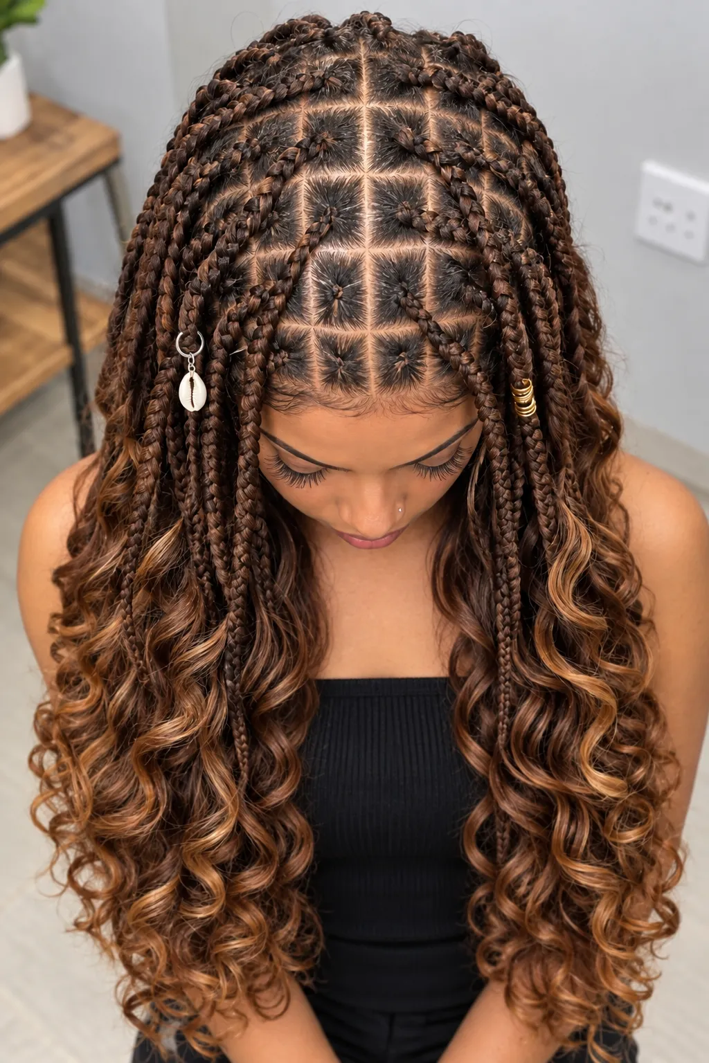 Boho Box Braids with Curly Ends and Cowrie Shell Charms