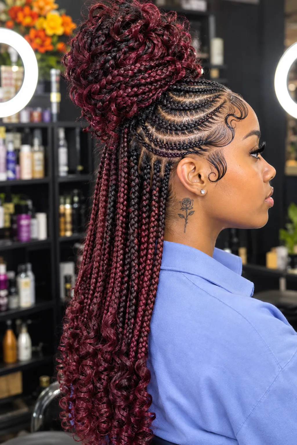 High Bun Braids with Burgundy Curly Ponytail