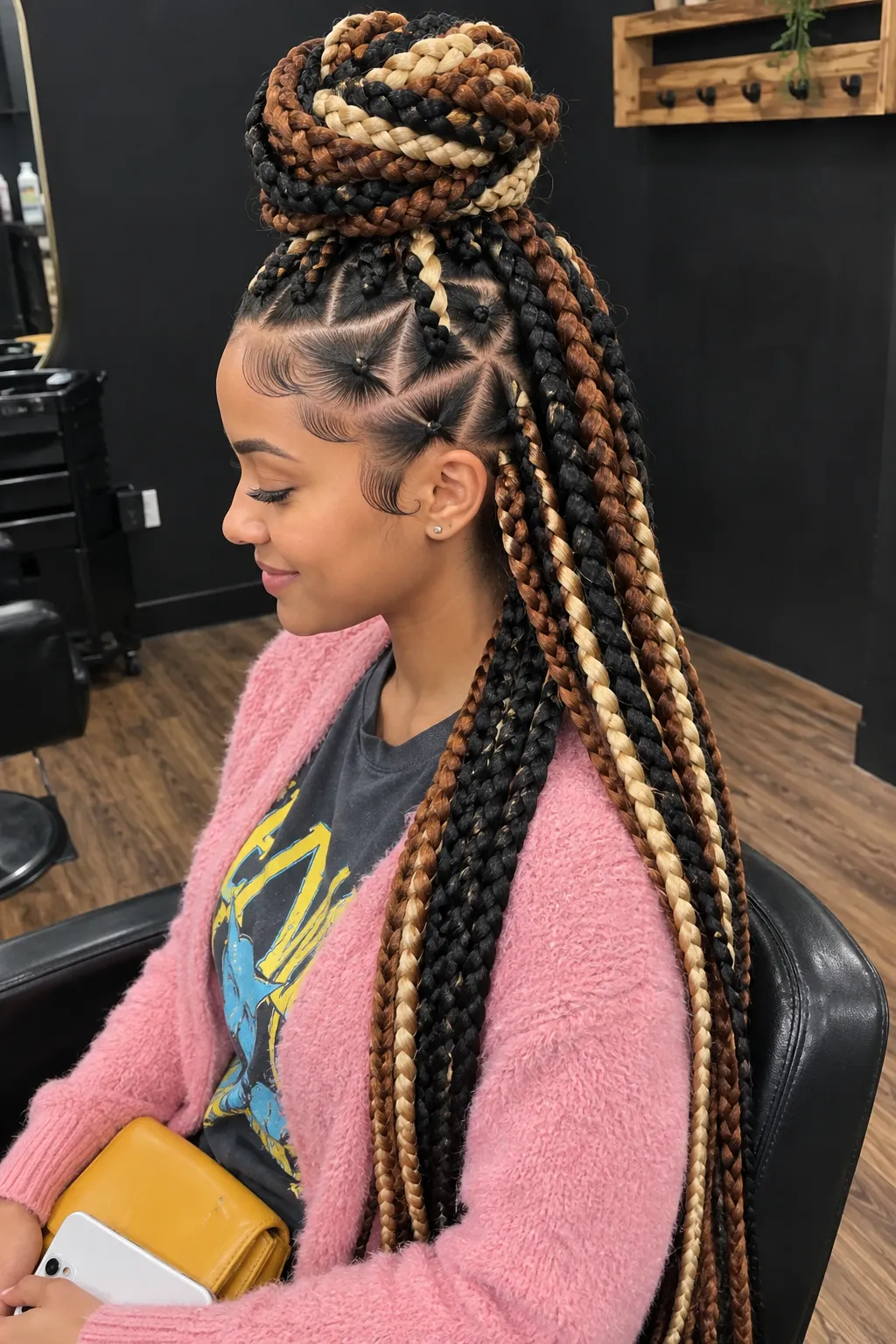 Tri Color Box Braids with Top Bun