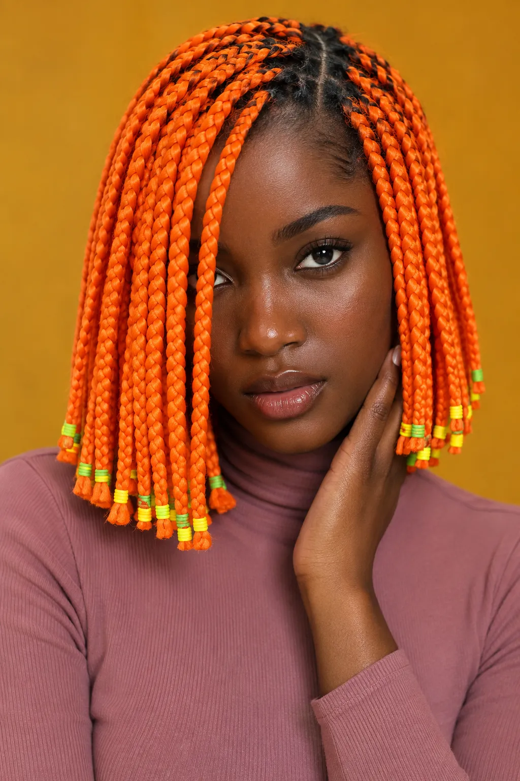 Bold Orange Bob Box Braids with Neon Thread Wraps