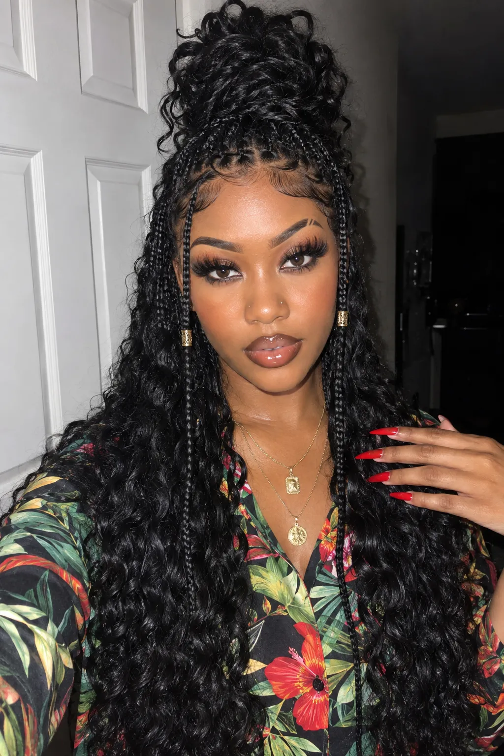 Half Up Curly Box Braids with Gold Cuffs