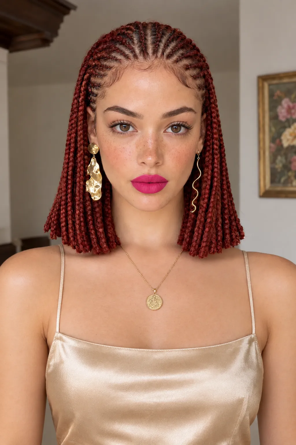 Deep Red Bob Box Braids with Fanned Cornrow Top