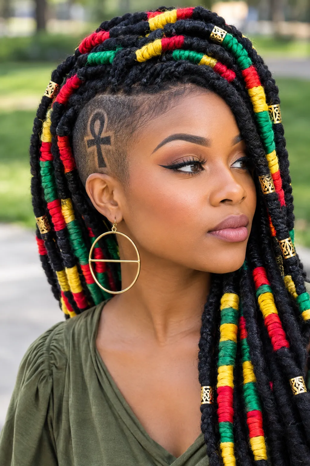 Rasta Wrapped Box Braids with Shaved Ankh Design