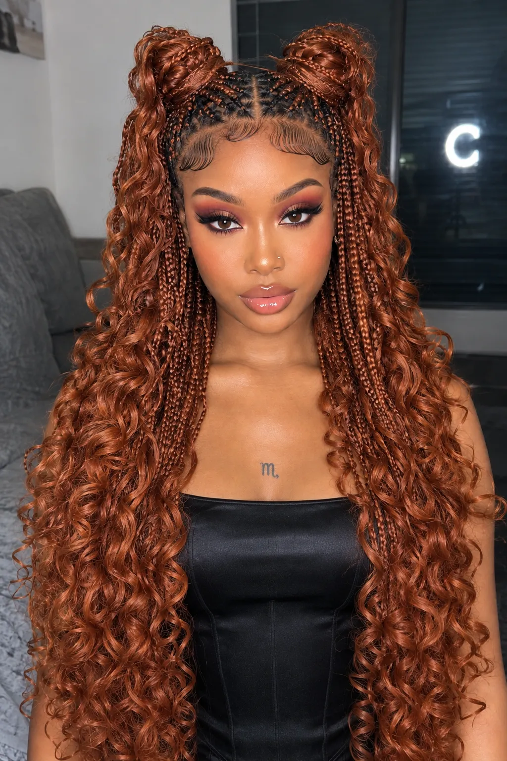 Copper Space Bun Box Braids with Curly Boho Ends